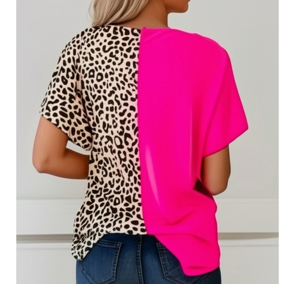 Contrast Pink & Leopard Colorblock V Neck Boutique Top Short Sleeve Shirt - Picture 4 of 11